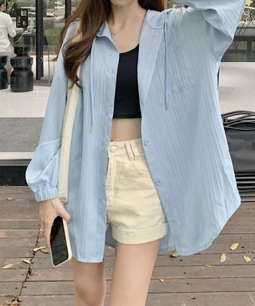Miniministore(ミニミニストア)の「シワ加工パーカーシャツ 長袖カーディガン(カーディガン/ボレロ・レディース・クリーム/ブラック/イエロー×グリーン/ライトブルー/ピンク/ホワイト・FREE)」の21枚目の写真