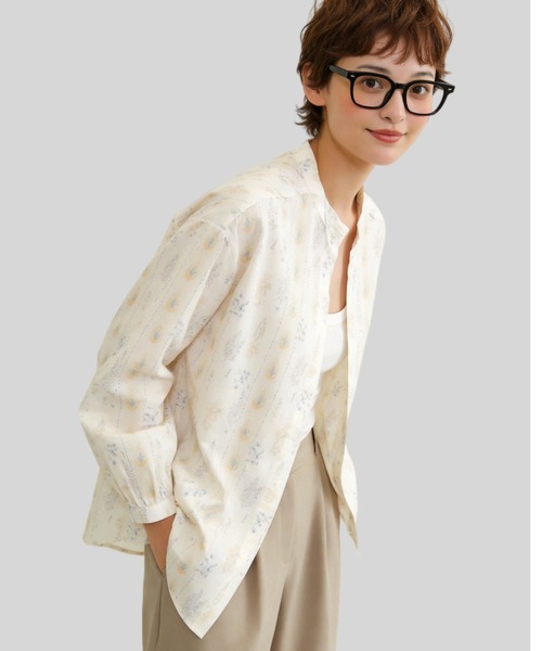 Sew loop(ソーループ)の「綿100%ストライプ風ボタニカル柄プリント長袖ブラウスシャツ(シャツ/ブラウス・レディース・レモンイエロー/ライトグリーン・M/L)」の1枚目の写真