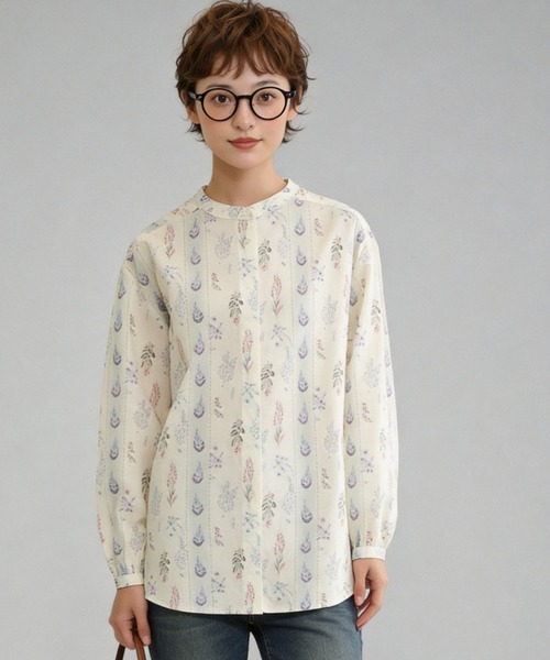 Sew loop(ソーループ)の「綿100%ストライプ風ボタニカル柄プリント長袖ブラウスシャツ(シャツ/ブラウス・レディース・レモンイエロー/ライトグリーン・M/L)」の2枚目の写真