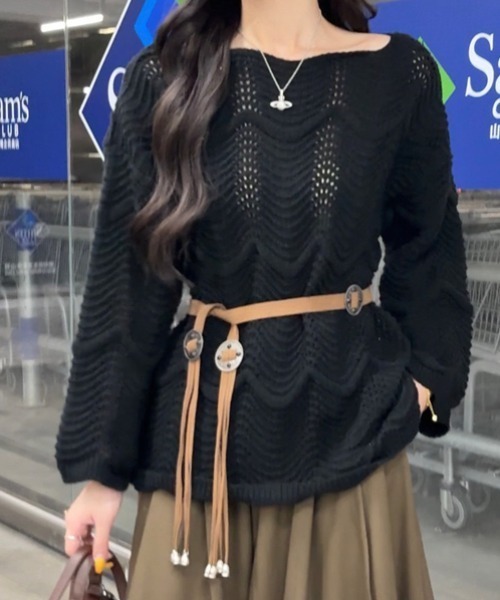 AMAJI(アマジ)の「ウエストベルト 長袖 ニットトップス(ニット/セーター・レディース・ホワイト/ブラック・FREE)」の4枚目の写真
