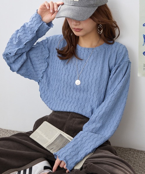 MONO-MART(モノマート)の「【ポコポコ メロー 優秀】長袖プルオーバー (UVカット・吸水速乾・毛玉防止・マシンウォッシャブル・イージーケア)(Tシャツ/カットソー・レディース・レッド/カーキオリーブ/ダークブラウン/モカ/オフホワイト/イエロー/グレイッシュブルー/チャコール/ブラック・M/L)」の7枚目の写真