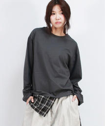 Layered Checkered Wrap Long Sleeve T-shirt  Charcoal