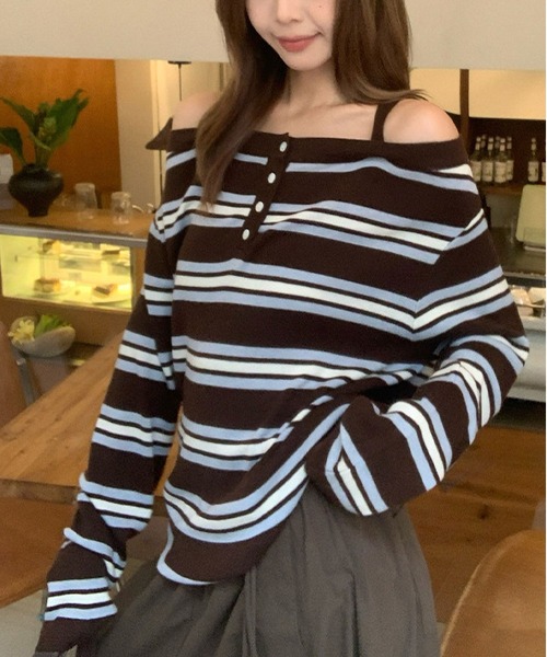 MAISON DE THERESE(メゾン ド テレーズ)の「ボーダー柄オフショルダー長袖トップス カジュアル万能 ロン T(Tシャツ/カットソー・レディース・PINK/BROWN/GRAY・M)」の2枚目の写真