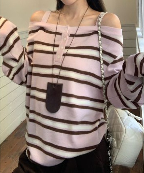 MAISON DE THERESE(メゾン ド テレーズ)の「ボーダー柄オフショルダー長袖トップス カジュアル万能 ロン T(Tシャツ/カットソー・レディース・PINK/BROWN/GRAY・M)」の5枚目の写真