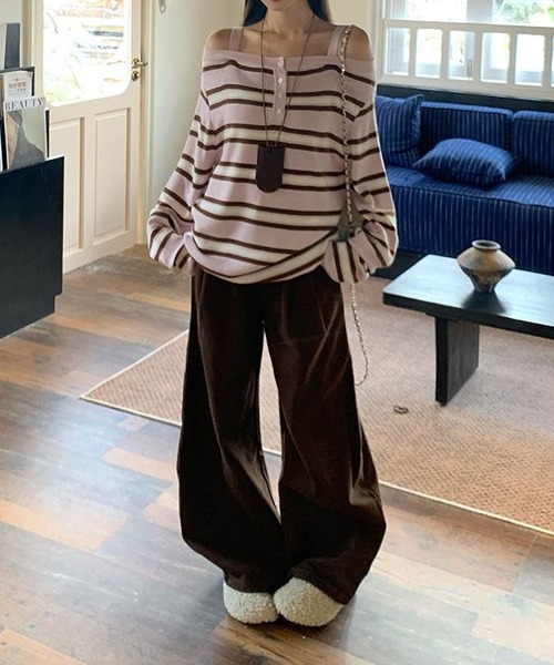 MAISON DE THERESE(メゾン ド テレーズ)の「ボーダー柄オフショルダー長袖トップス カジュアル万能 ロン T(Tシャツ/カットソー・レディース・PINK/BROWN/GRAY・M)」の19枚目の写真