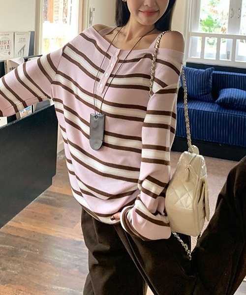 MAISON DE THERESE(メゾン ド テレーズ)の「ボーダー柄オフショルダー長袖トップス カジュアル万能 ロン T(Tシャツ/カットソー・レディース・PINK/BROWN/GRAY・M)」の11枚目の写真