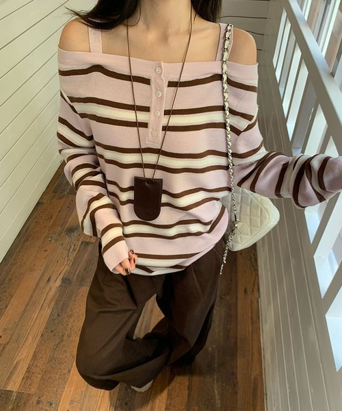 MAISON DE THERESE(メゾン ド テレーズ)の「ボーダー柄オフショルダー長袖トップス カジュアル万能 ロン T(Tシャツ/カットソー・レディース・PINK/BROWN/GRAY・M)」の9枚目の写真