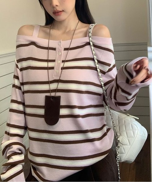 MAISON DE THERESE(メゾン ド テレーズ)の「ボーダー柄オフショルダー長袖トップス カジュアル万能 ロン T(Tシャツ/カットソー・レディース・PINK/BROWN/GRAY・M)」の6枚目の写真