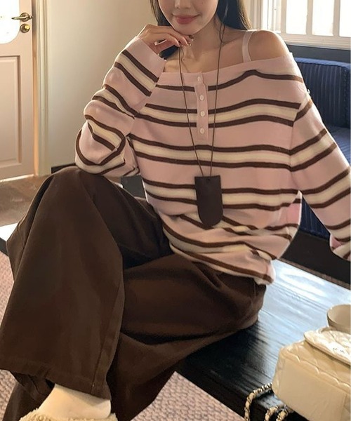 MAISON DE THERESE(メゾン ド テレーズ)の「ボーダー柄オフショルダー長袖トップス カジュアル万能 ロン T(Tシャツ/カットソー・レディース・PINK/BROWN/GRAY・M)」の12枚目の写真