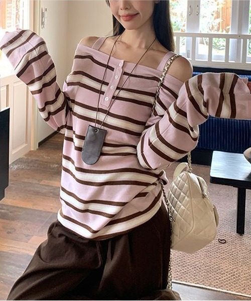 MAISON DE THERESE(メゾン ド テレーズ)の「ボーダー柄オフショルダー長袖トップス カジュアル万能 ロン T(Tシャツ/カットソー・レディース・PINK/BROWN/GRAY・M)」の13枚目の写真