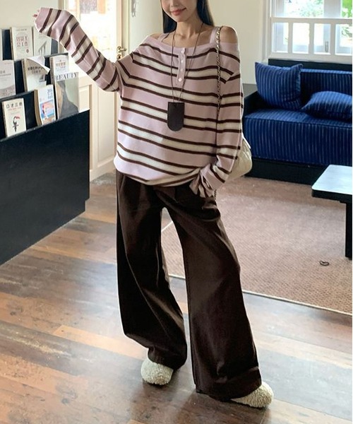 MAISON DE THERESE(メゾン ド テレーズ)の「ボーダー柄オフショルダー長袖トップス カジュアル万能 ロン T(Tシャツ/カットソー・レディース・PINK/BROWN/GRAY・M)」の18枚目の写真