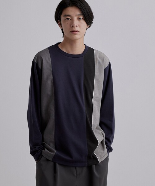 tk.TAKEO KIKUCHI(ティーケータケオキクチ)の「グレンチェック切替えカットソー(Tシャツ/カットソー・メンズ・ホワイト/ネイビー/ブラック・04/03/02)」の3枚目の写真