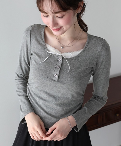 BLUEEAST(ブルーイースト)の「レイヤードヘンリーネックTシャツ(Tシャツ/カットソー・レディース・グレー/ブラック/イエロー・MEDIUM)」の3枚目の写真