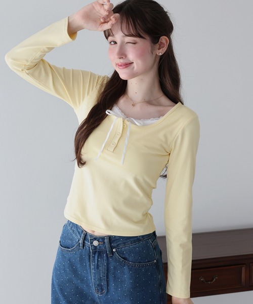BLUEEAST(ブルーイースト)の「レイヤードヘンリーネックTシャツ(Tシャツ/カットソー・レディース・グレー/ブラック/イエロー・MEDIUM)」の1枚目の写真
