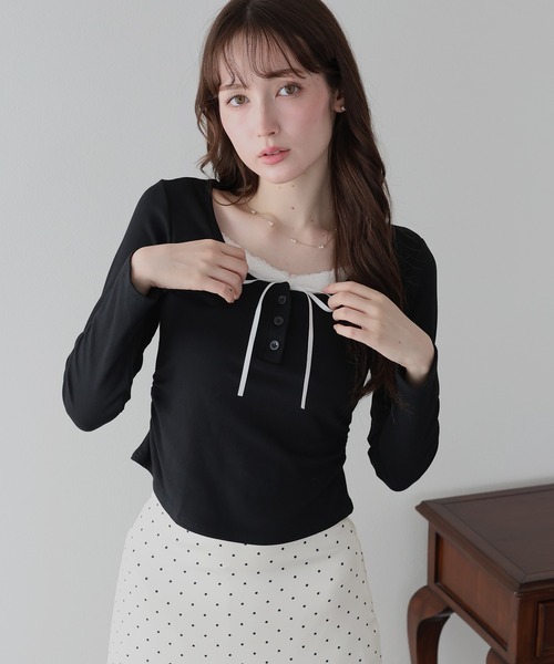 BLUEEAST(ブルーイースト)の「レイヤードヘンリーネックTシャツ(Tシャツ/カットソー・レディース・グレー/ブラック/イエロー・MEDIUM)」の2枚目の写真