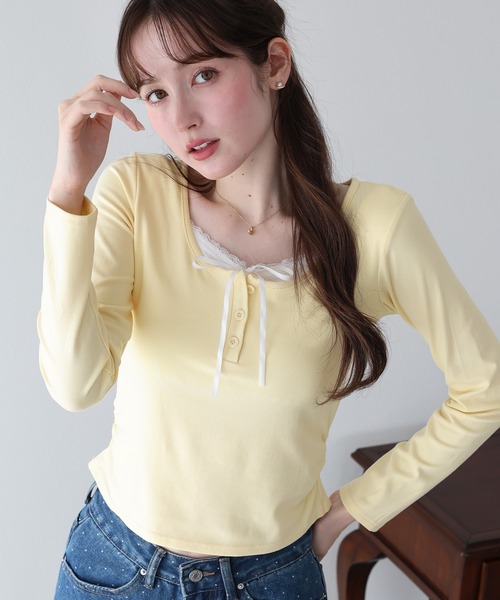 BLUEEAST(ブルーイースト)の「レイヤードヘンリーネックTシャツ(Tシャツ/カットソー・レディース・グレー/ブラック/イエロー・MEDIUM)」の6枚目の写真