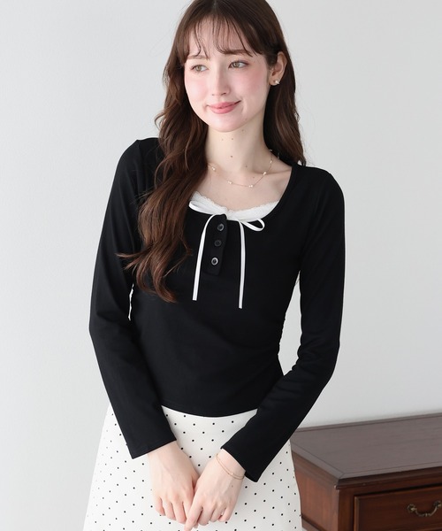 BLUEEAST(ブルーイースト)の「レイヤードヘンリーネックTシャツ(Tシャツ/カットソー・レディース・グレー/ブラック/イエロー・MEDIUM)」の4枚目の写真
