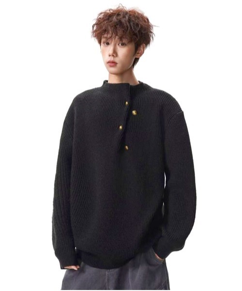 neos（ネオス）の「【neos】ハイネック モックネック レトロ ボタン リラックスフィット 畦編み ニット セーター プルオーバー メンズ レディース ユニセックス 2026秋冬（ニット/セーター・メンズ・アイボリー/グレー/ワインレッド/ブラック・LARGE/MEDIUM/X-LARGE）」の10枚目の写真