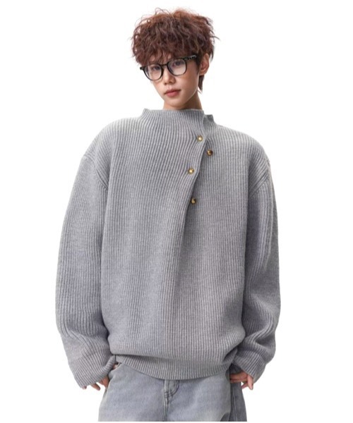 neos（ネオス）の「【neos】ハイネック モックネック レトロ ボタン リラックスフィット 畦編み ニット セーター プルオーバー メンズ レディース ユニセックス 2026秋冬（ニット/セーター・メンズ・アイボリー/グレー/ワインレッド/ブラック・LARGE/MEDIUM/X-LARGE）」の13枚目の写真