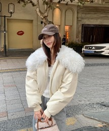 カーリーファーカラーPUレザー中綿ショートブルゾン