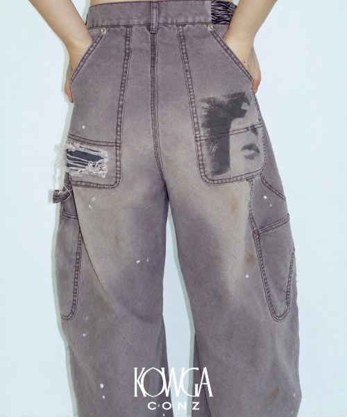 CONZ(コンズ)の「KOWGA×duck double knee curved pants(デニムパンツ・メンズ・ブラック/ベージュ/ライトパープル・1/2/4/3)」の1枚目の写真