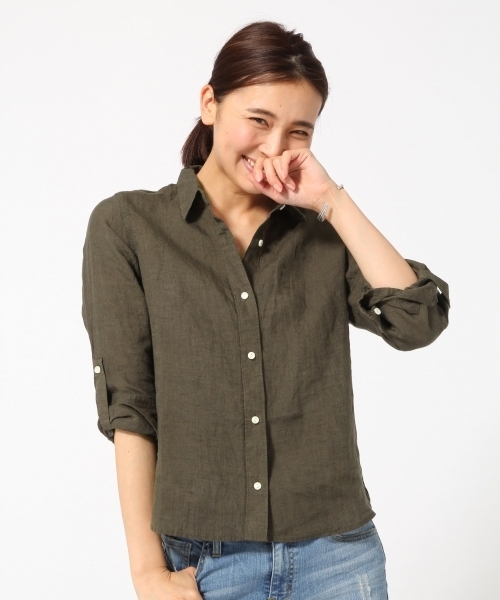 GLOBAL WORK(グローバルワーク)の「【高品質リネン使用】フレンチリネンシャツ長袖/569533(シャツ/ブラウス・レディース・ライトブルー/カーキ/ホワイト/ブルー・LARGE/SMALL/MEDIUM)」の3枚目の写真