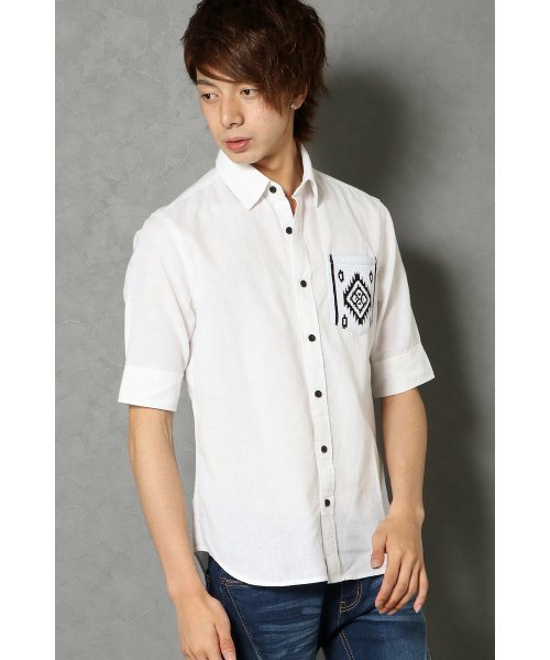 VENCEEXCHANGE（ヴァンスエクスチェンジ）の「ニットポケット5分袖シャツ         （シャツ/ブラウス・メンズ・オレンジ/ライトブルー/オフホワイト・LARGE/MEDIUM）」の2枚目の写真