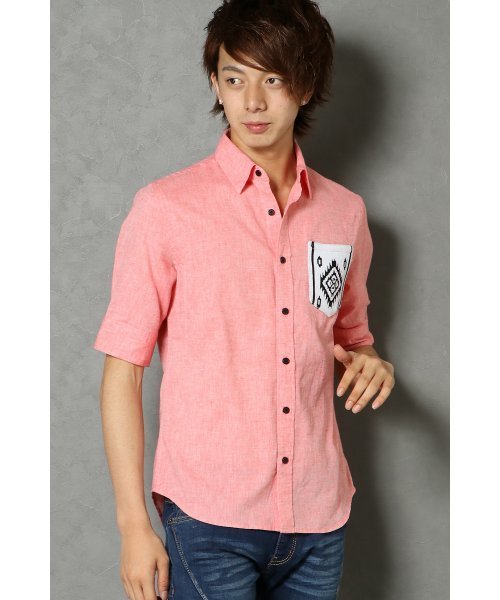 VENCEEXCHANGE（ヴァンスエクスチェンジ）の「ニットポケット5分袖シャツ         （シャツ/ブラウス・メンズ・オレンジ/ライトブルー/オフホワイト・LARGE/MEDIUM）」の3枚目の写真