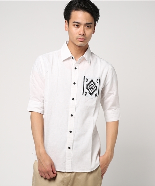 VENCEEXCHANGE（ヴァンスエクスチェンジ）の「ニットポケット5分袖シャツ         （シャツ/ブラウス・メンズ・オレンジ/ライトブルー/オフホワイト・LARGE/MEDIUM）」の13枚目の写真