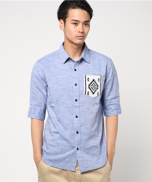 VENCEEXCHANGE（ヴァンスエクスチェンジ）の「ニットポケット5分袖シャツ         （シャツ/ブラウス・メンズ・オレンジ/ライトブルー/オフホワイト・LARGE/MEDIUM）」の4枚目の写真