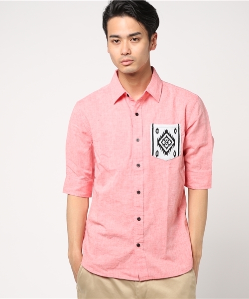 VENCEEXCHANGE（ヴァンスエクスチェンジ）の「ニットポケット5分袖シャツ         （シャツ/ブラウス・メンズ・オレンジ/ライトブルー/オフホワイト・LARGE/MEDIUM）」の5枚目の写真