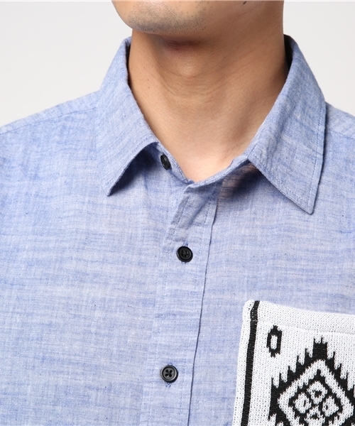 VENCEEXCHANGE（ヴァンスエクスチェンジ）の「ニットポケット5分袖シャツ         （シャツ/ブラウス・メンズ・オレンジ/ライトブルー/オフホワイト・LARGE/MEDIUM）」の8枚目の写真