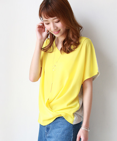 REAL CUBE(リアルキューブ)の「2WAY 異素材デザイントップス REAL CUBE(Tシャツ/カットソー)」|イエロー