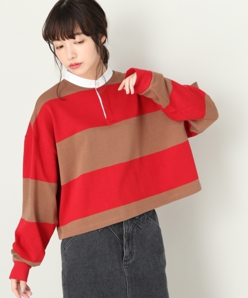 LOWRYS FARM(ローリーズファーム)の「ワイドボーダーラガーシャツ 804830(Tシャツ/カットソー・レディース・ブラウン/オフホワイト/グリーン・MEDIUM/LARGE)」の1枚目の写真