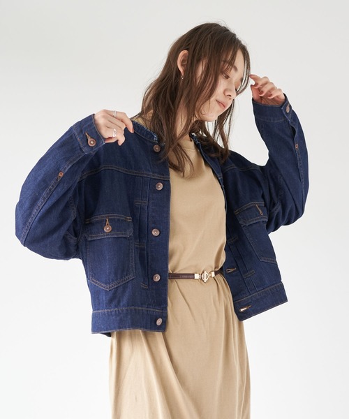 earth music&ecology(アースミュージックアンドエコロジー)の「COTTON USAデニム(ノーカラーBIG Gジャン)*(デニムジャケット・レディース・ダークインディゴブルー/ブルー系その他・FREE)」の12枚目の写真