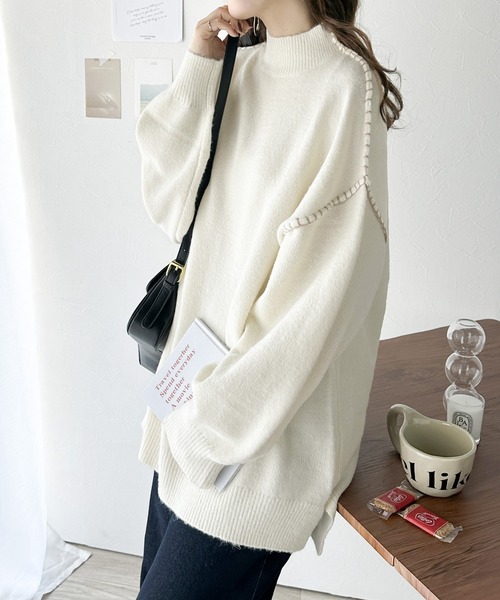 セール】ざっくり可愛い。モックネックハンドステッチ風オーバーサイズ