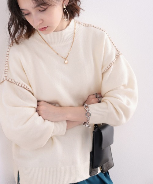 セール】ざっくり可愛い。モックネックハンドステッチ風オーバーサイズ