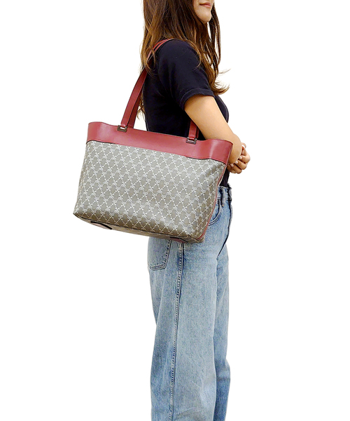 SAZABYベージュ トートバッグ 赤とグレーのハンドル - バッグ 