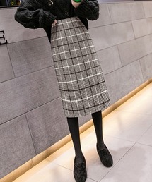 グレンチェック柄 ミモレ丈 台形スカート