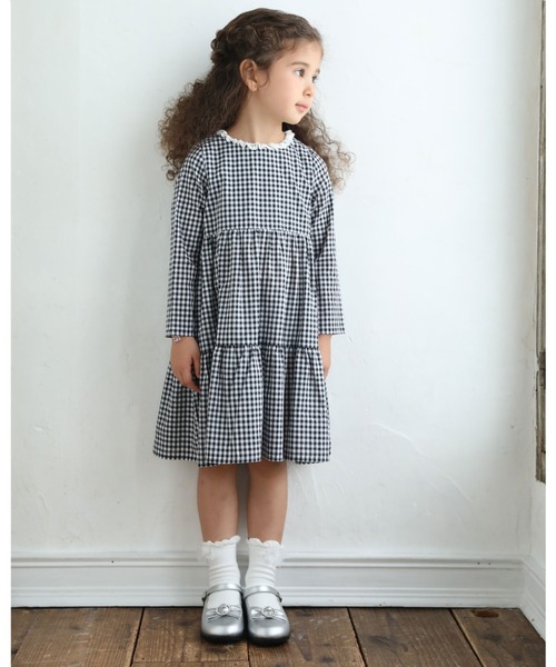 セール Bebe 付け衿ギンガムティアード長袖ワンピース 90 150cm ワンピース Bebe ベベ のファッション