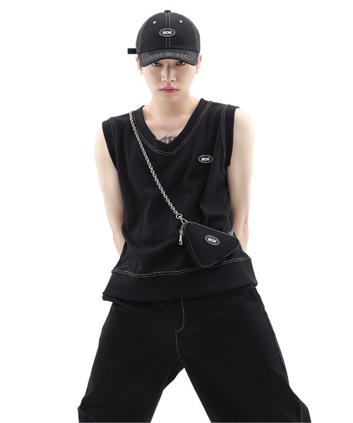 BASIC COTTON（ベーシックコットン）の「【BASIC COTTON/ベイシックコット ベーシックコットン】BCN LOGO STITCH VEST/ロゴベスト ステッチベスト Vネックベスト（ベスト・メンズ・ホワイト/ブラック・ONE SIZE）」の8枚目の写真