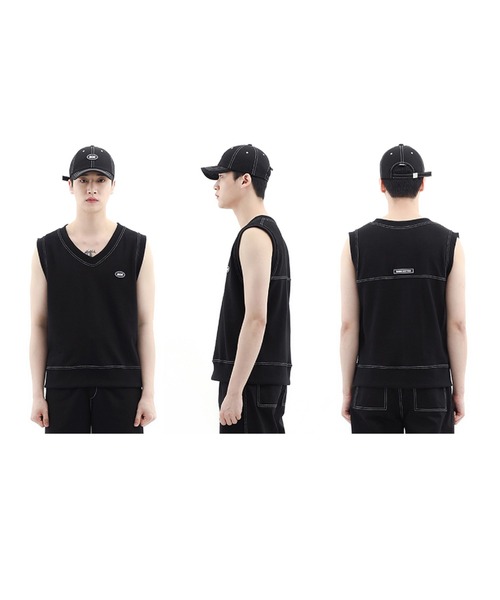 BASIC COTTON（ベーシックコットン）の「【BASIC COTTON/ベイシックコット ベーシックコットン】BCN LOGO STITCH VEST/ロゴベスト ステッチベスト Vネックベスト（ベスト・メンズ・ホワイト/ブラック・ONE SIZE）」の3枚目の写真