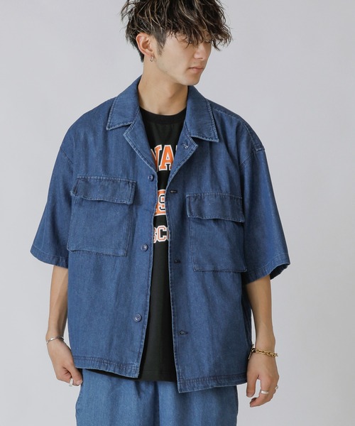 Beno(ビーノ)の「Chef’s Choice ワイドシルエット ダブルポケット CPO 半袖シャツ(シャツ/ブラウス・メンズ・チャコールグレー/ブラック/ベージュ/ネイビー/オフホワイト/オリーブ/インディゴブルー/ホワイト系その他/ブラック系その他/グレー系その他/ベージュ系その他/ストライプ/ワンウォッシュ/グレイッシュブルー/ネイビー×ホワイト・M/L/XL)」の11枚目の写真
