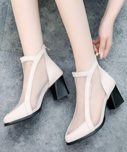 SFW（エスエフダブリュー）の「メッシュブーツ チャンキーヒール  バッグジッパー（ブーツ・レディース・グレー/ベージュ・38/39/35/36/37）」の2枚目の写真