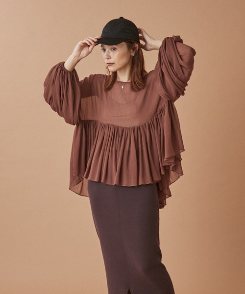 Omekashi（オメカシ）の「(WEB限定)ギャザーイレギュラーブラウス（シャツ/ブラウス・レディース・ブラウン/ベージュ/チャコールグレー・FREE）」の10枚目の写真