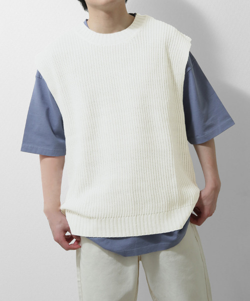 ZIP FIVE（ジップファイブ）の「【ZIP FIVE】7Gあぜ編みオーバーサイズニットベスト（ベスト・メンズ・ライトグレー/ブラック/ネイビー/オフホワイト/オリーブ/ブルー/モカ/グレイッシュベージュ・MEDIUM/LARGE/X-LARGE）」の2枚目の写真