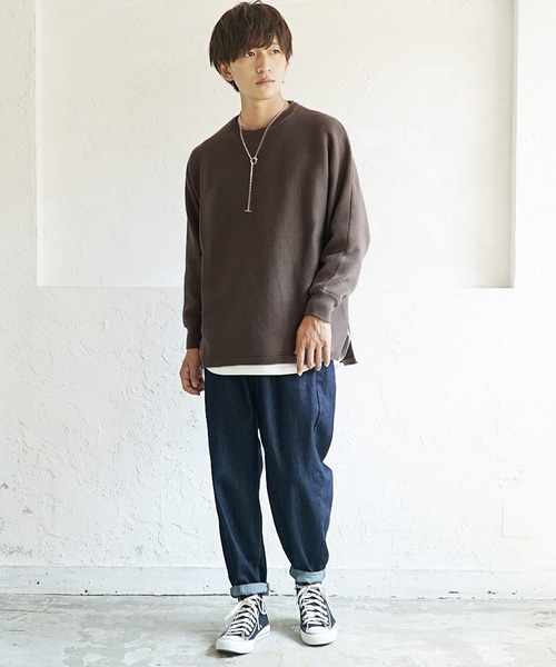 MinoriTY（マイノリティ）の「ミラノリブニット オーバーサイズ サイドスリット ドルマンビッグシルエット リブ クルーネック セーター 秋服 冬服（ニット/セーター・メンズ・ブラック/ベージュ/ブルー/アイボリー/モカ・S/M/L）」の22枚目の写真