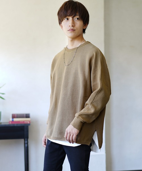 MinoriTY（マイノリティ）の「ミラノリブニット オーバーサイズ サイドスリット ドルマンビッグシルエット リブ クルーネック セーター 秋服 冬服（ニット/セーター・メンズ・ブラック/ベージュ/ブルー/アイボリー/モカ・S/M/L）」の10枚目の写真