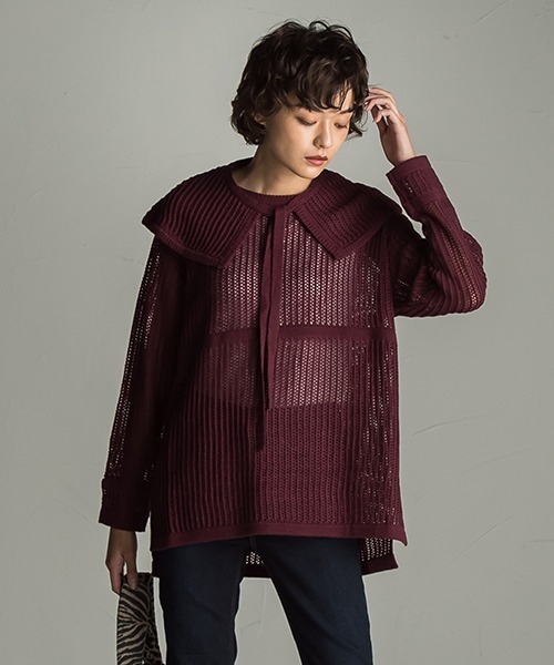 socolla(ソコラ)の「【socolla】2WAY付け襟メッシュニット(ニット/セーター・レディース・ブラウン/オフホワイト/ボルドー・M)」の1枚目の写真