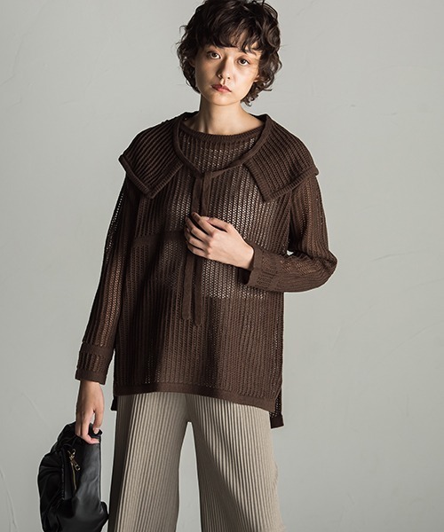 socolla(ソコラ)の「【socolla】2WAY付け襟メッシュニット(ニット/セーター・レディース・ブラウン/オフホワイト/ボルドー・M)」の12枚目の写真